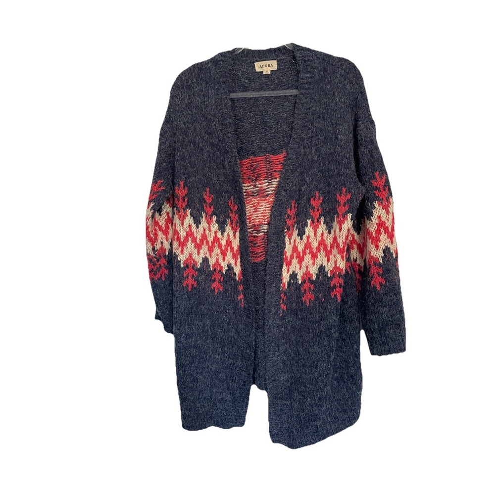 Adora Navy Blue Fair Isle Fuzzy Knit Open Front Longline Cardigan Sweater